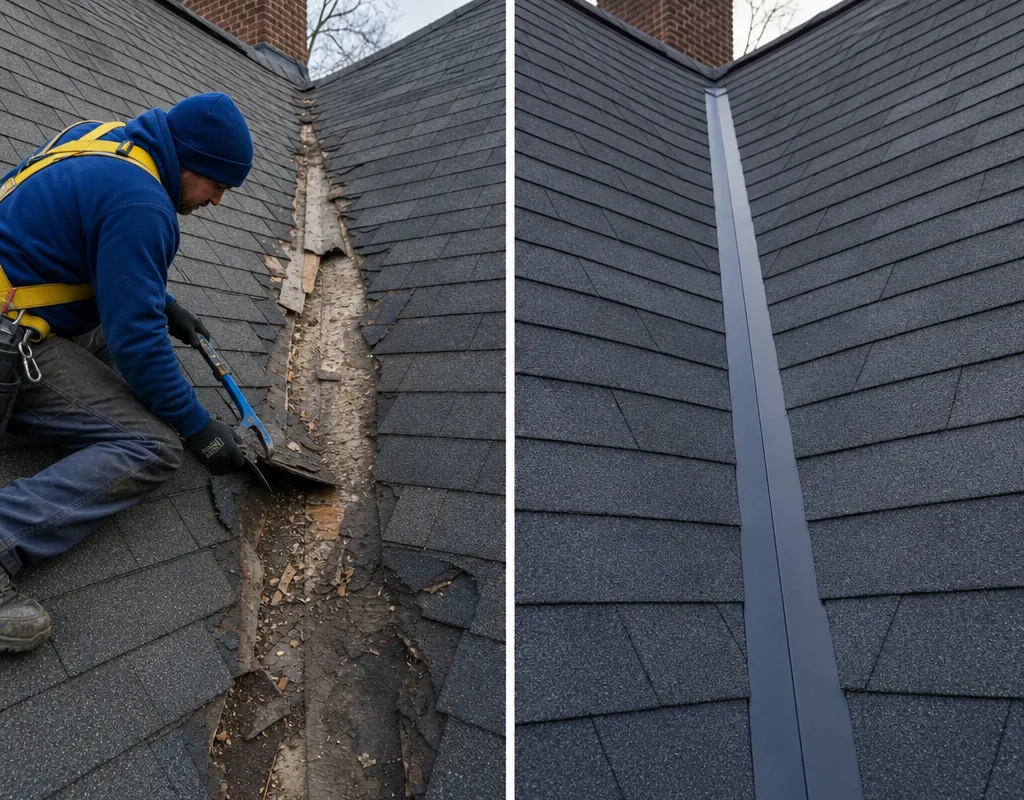 Before-and-after comparison of a worn roof valley and a clean new valley installation