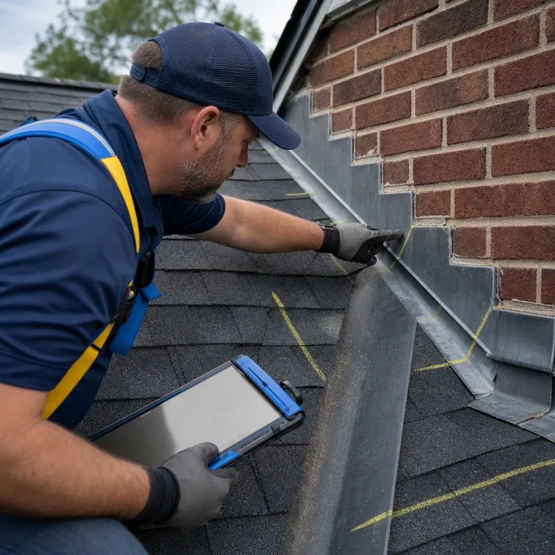 Roofer inspecting step flashing and a roof valley with chalk marks and documented findings