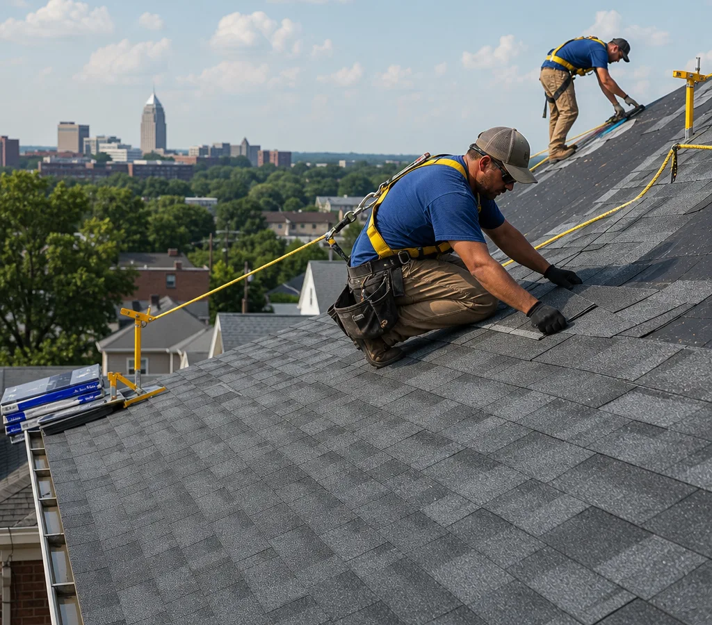 Residential roofers installing shingles on an Akron-area pitched roof with harnesses and roof jacks