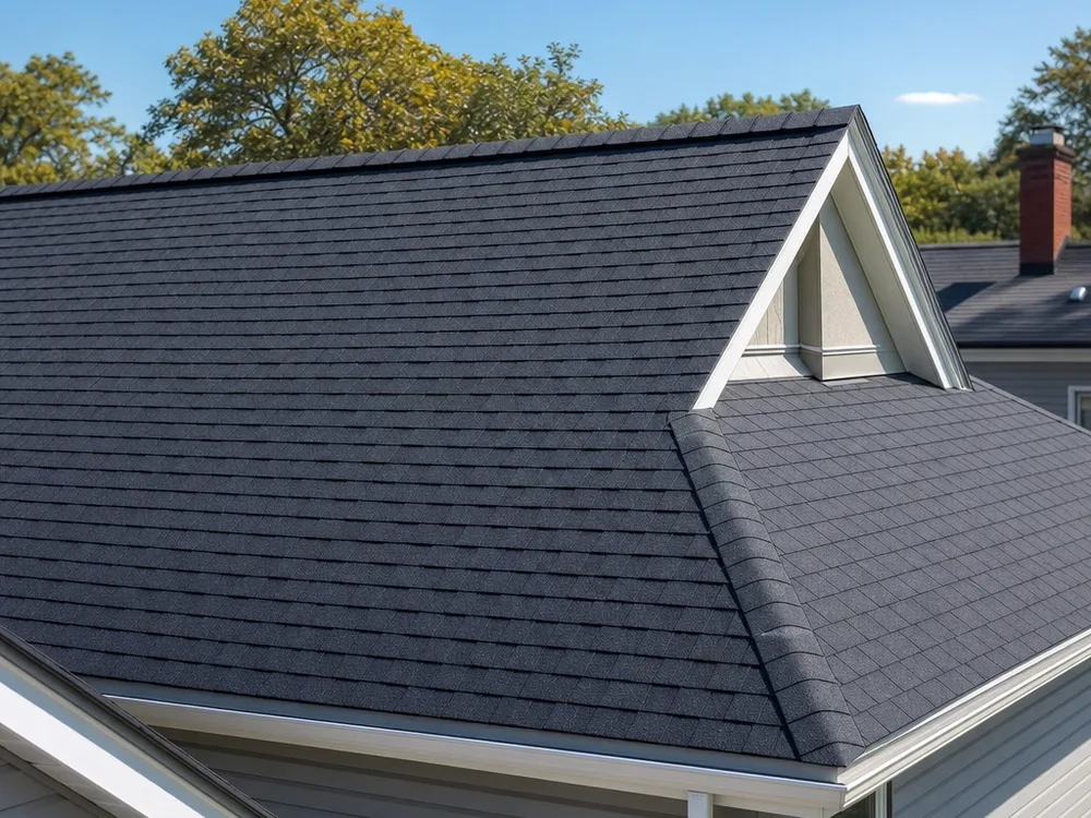 Finished architectural shingle roof with straight courses, clean ridge cap lines, and integrated ridge vent