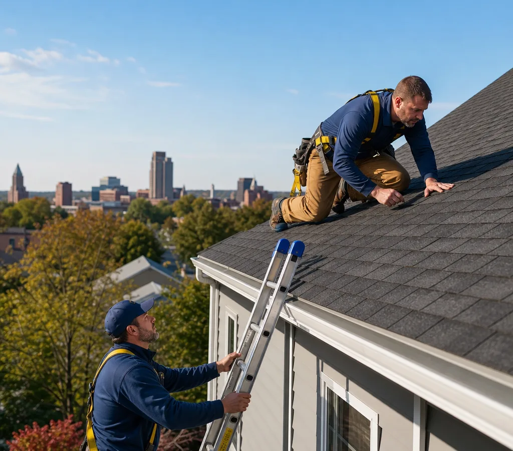 Akron roofing crew performing a roof inspection on an asphalt shingle home with ladder setup and safety gear