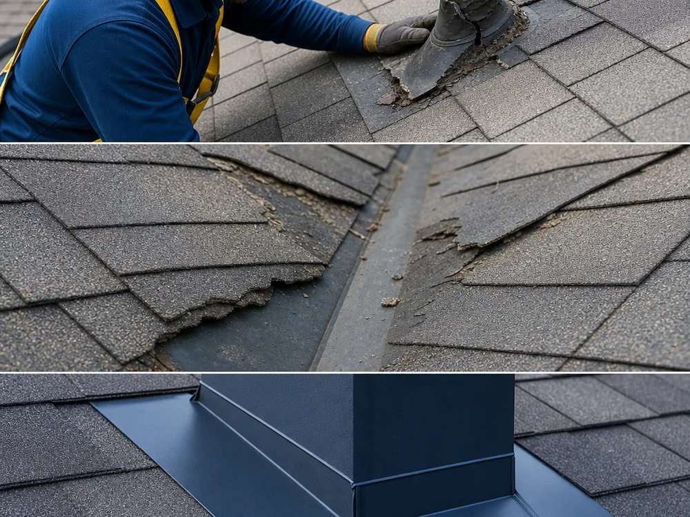 Close-up of damaged pipe boot flashing, worn shingles near a valley, and properly installed metal flashing