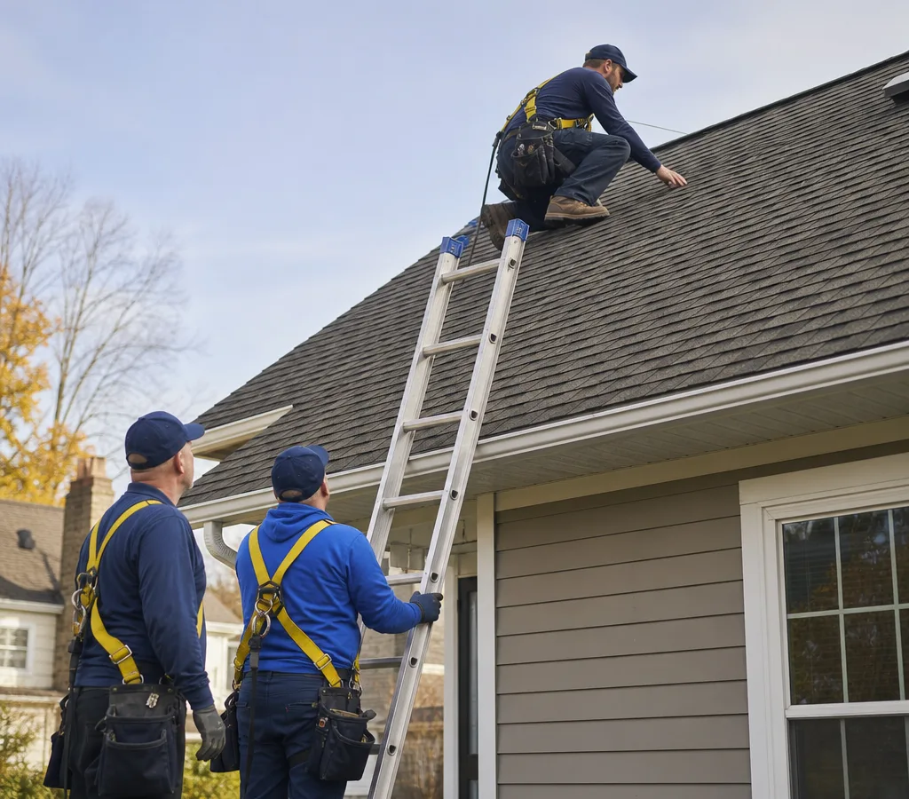 Roofing crew inspecting an asphalt shingle roof on an Akron-area home with ladders and safety gear