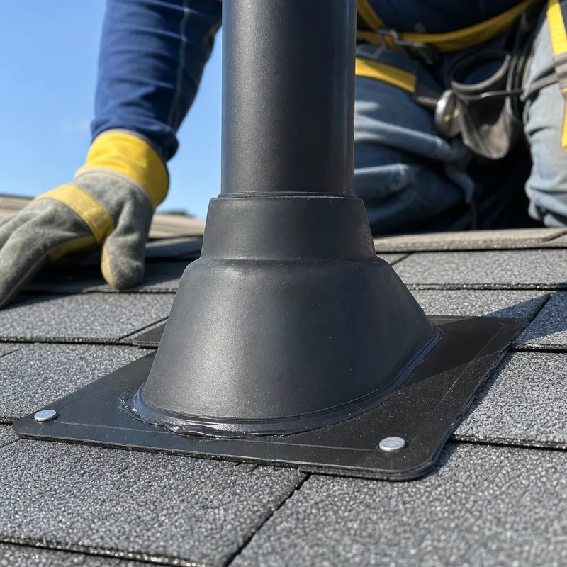 Properly sealed roof pipe boot with aligned shingles, correct nail placement, and clean sealant application