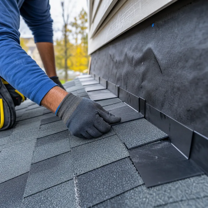 Correct step flashing and underlayment being installed at a roof sidewall