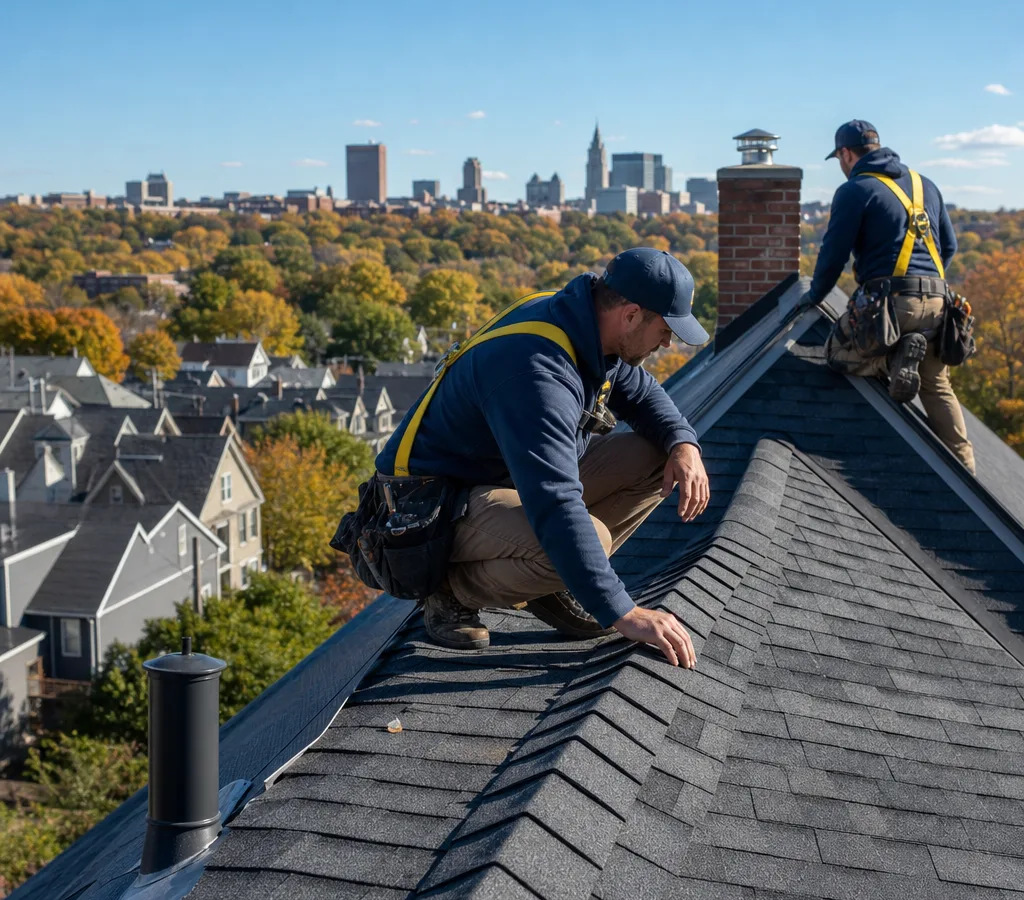 Akron-area home with a visible roofline and a roofing crew inspecting the ridge and flashing details