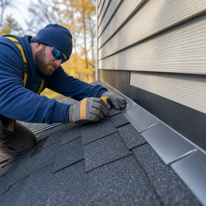 Properly layered step flashing and shingles along a sidewall after roof repair