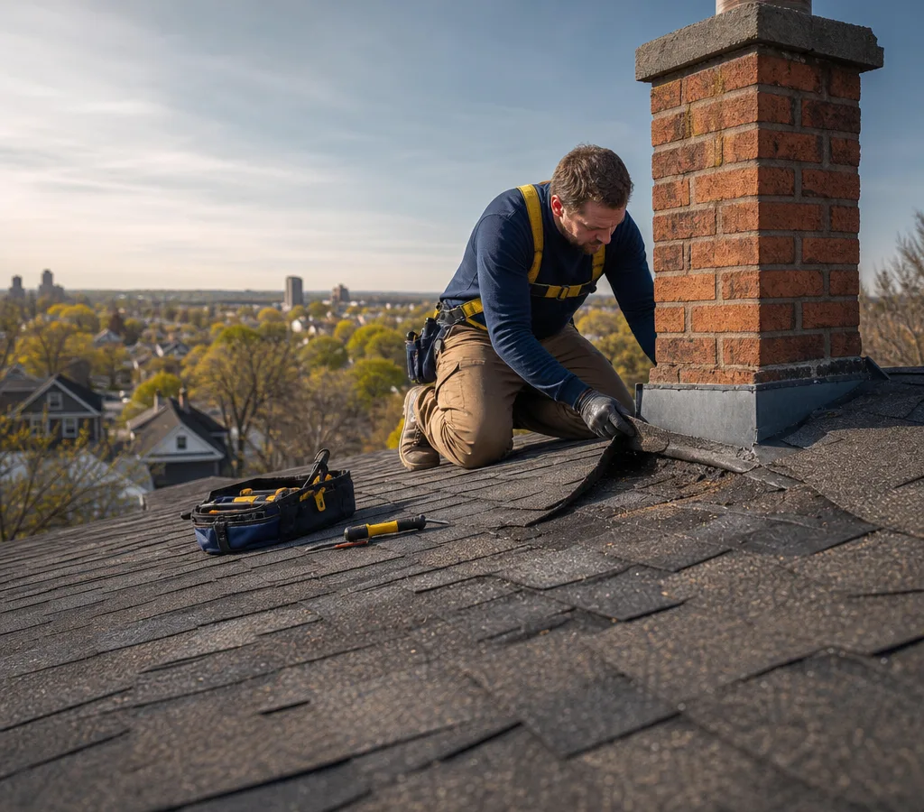 Roofing technician inspecting damaged shingles and chimney flashing on an Akron home