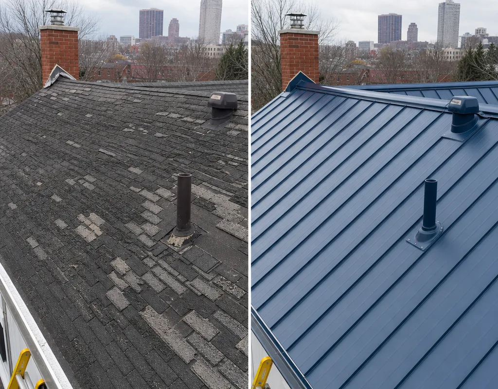 Before-and-after comparison of a worn asphalt roof replaced with a metal roof, showing improved lines and upgraded flashing at penetrations