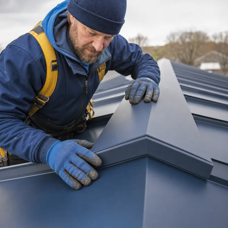 Close-up of a standing seam metal roof with a properly finished ridge cap, concealed fasteners, and clean seam alignment