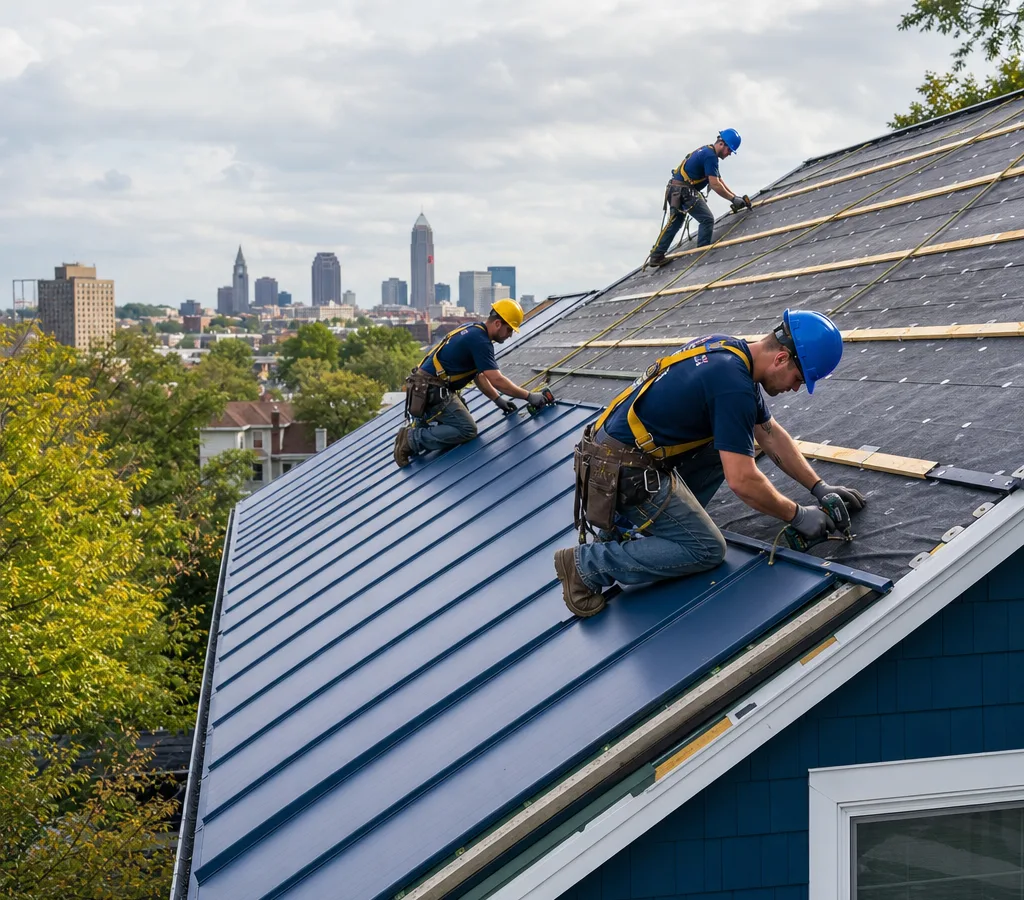 Residential metal roof installation in progress on an Akron home, showing panels, underlayment, and crew fastening panels along the eave line