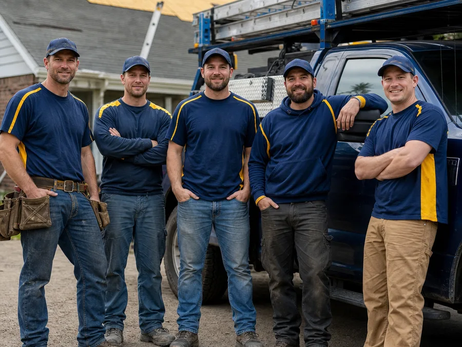 Roofing Contractors Akron crew at a job site beside a work truck and ladder